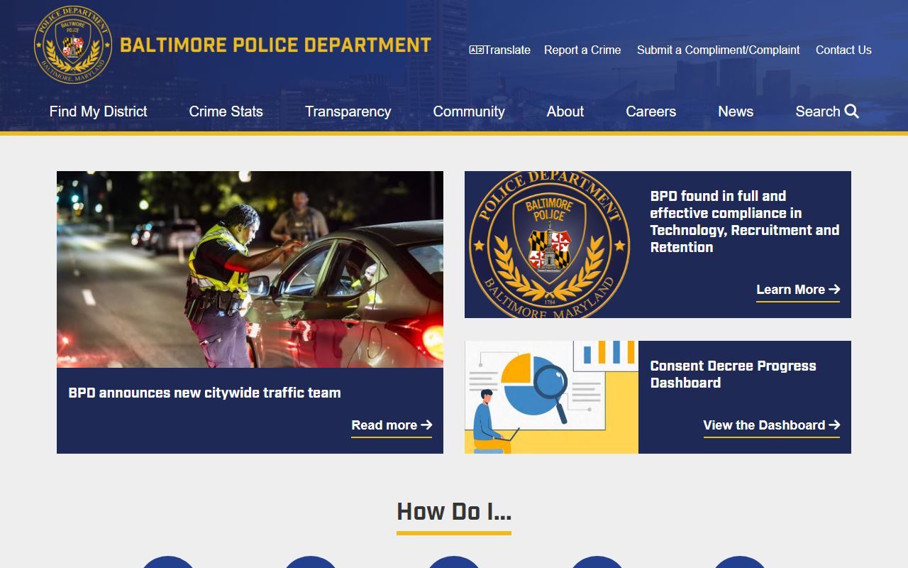 Baltimore Police Department main website for police records