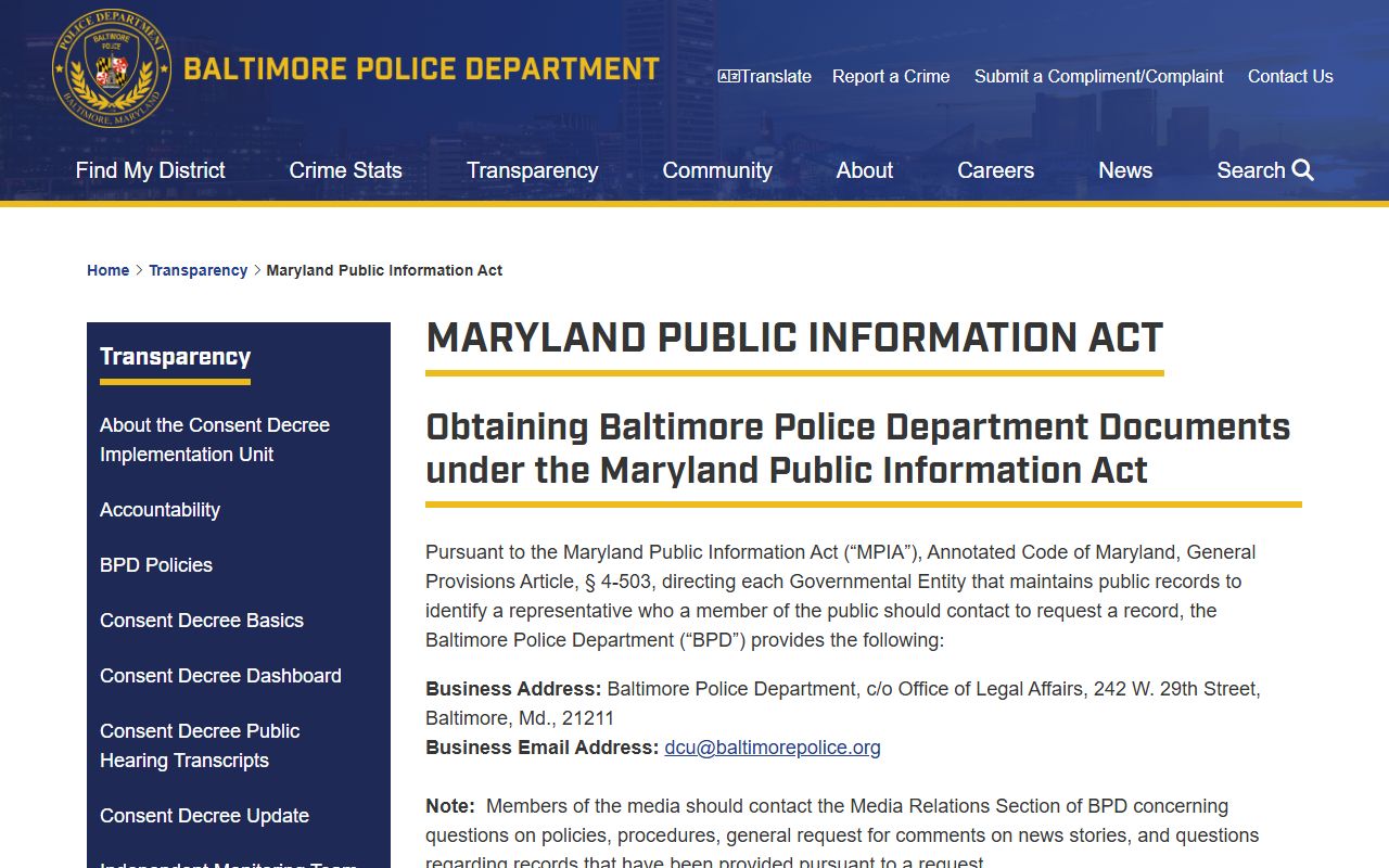 Baltimore Police Department MPIA request page for police records