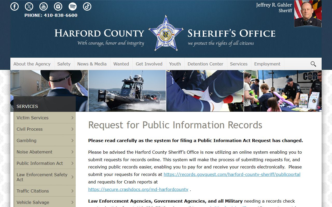 Harford County Sheriff PIA request page for Bel Air South police records