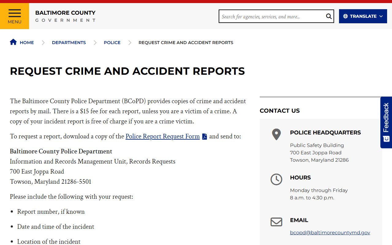 Baltimore County Police report request page for Dundalk police records