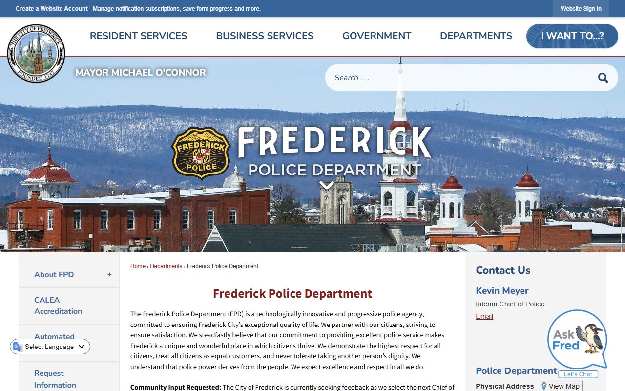 Frederick Police Department website for police records in Frederick Maryland