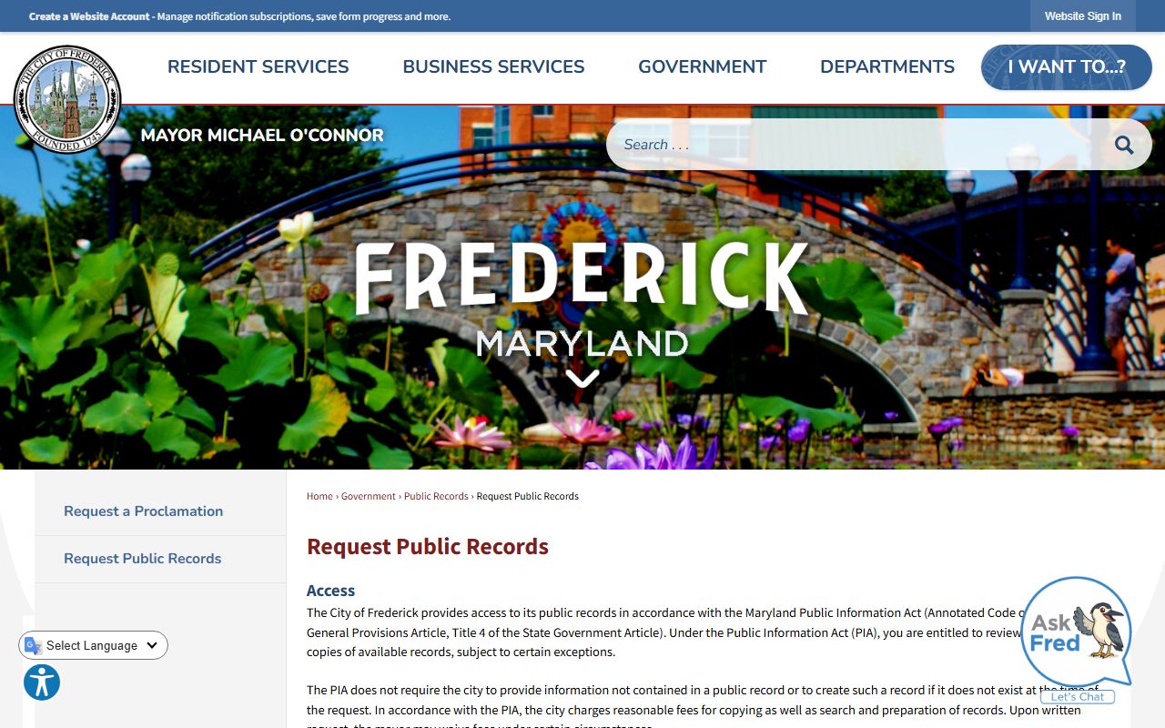 Frederick city public records request page for police records