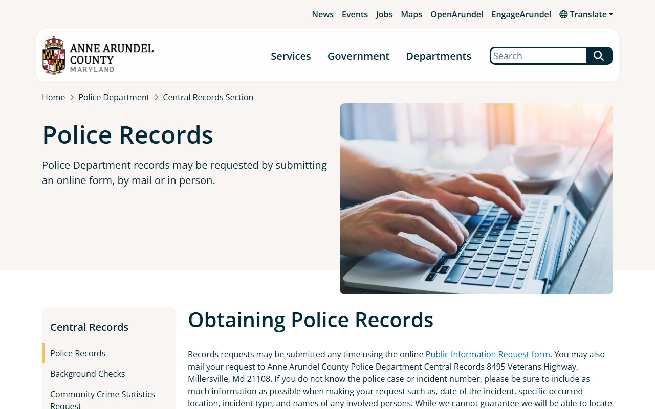 Anne Arundel County police records request page for Severn reports