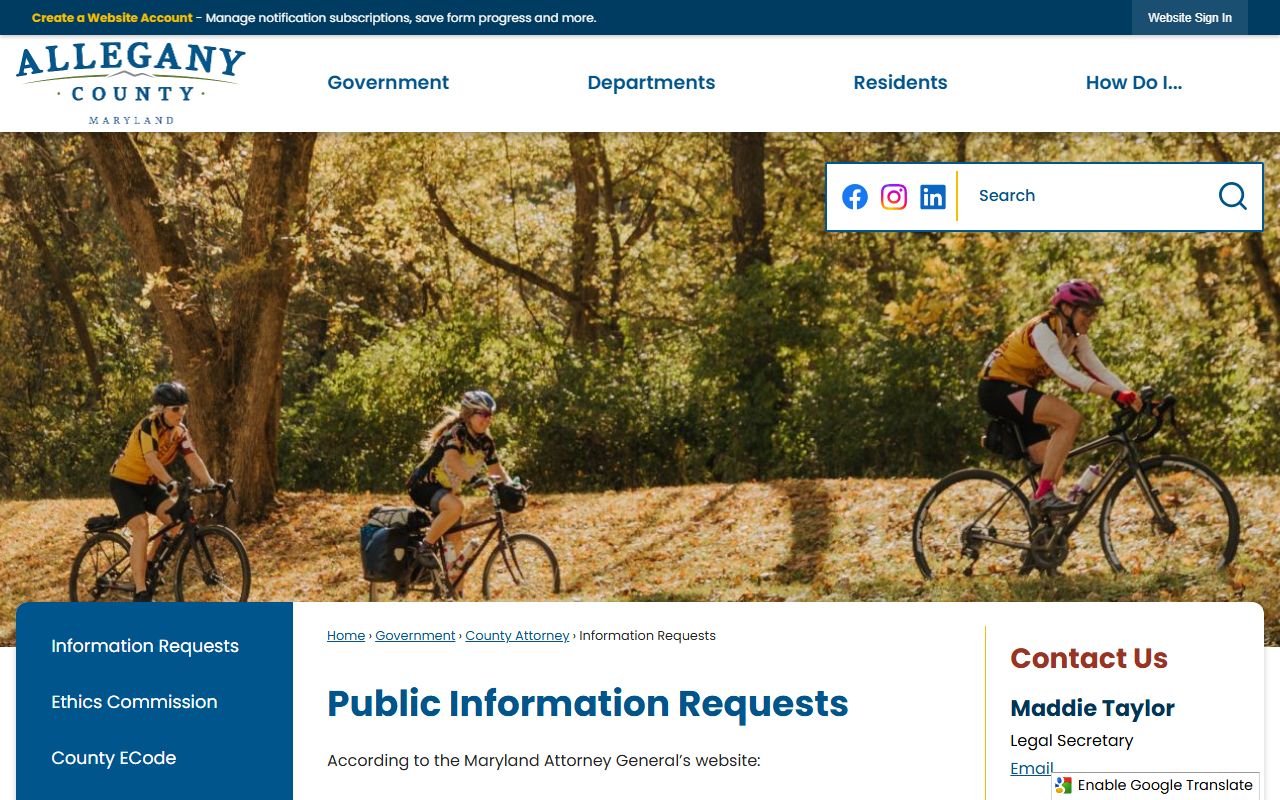 Allegany County public information request page for police records