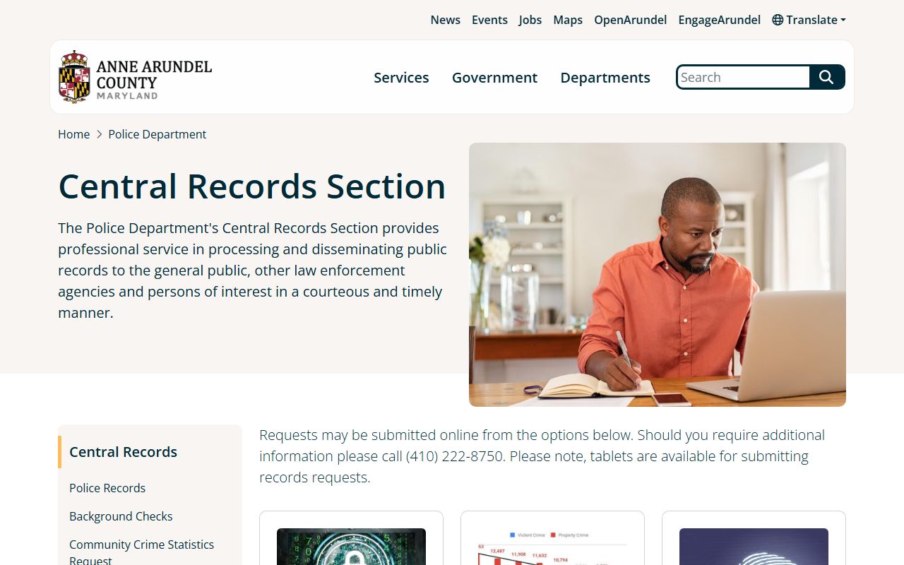 Anne Arundel County Central Records Section for police records
