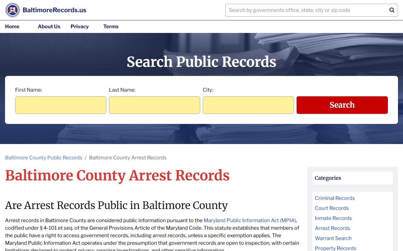 Baltimore County arrest records information page