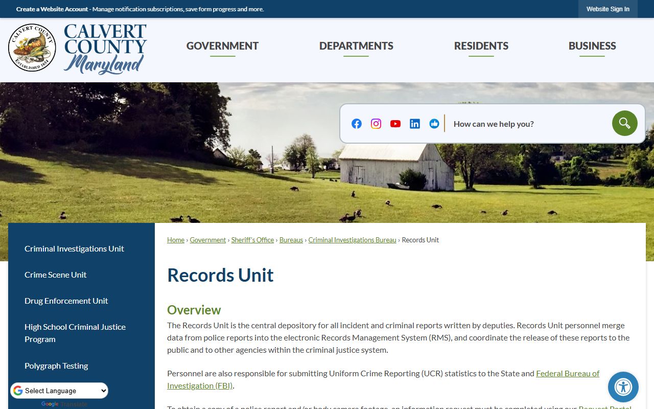 Calvert County Sheriff's Office Records Unit page for police records