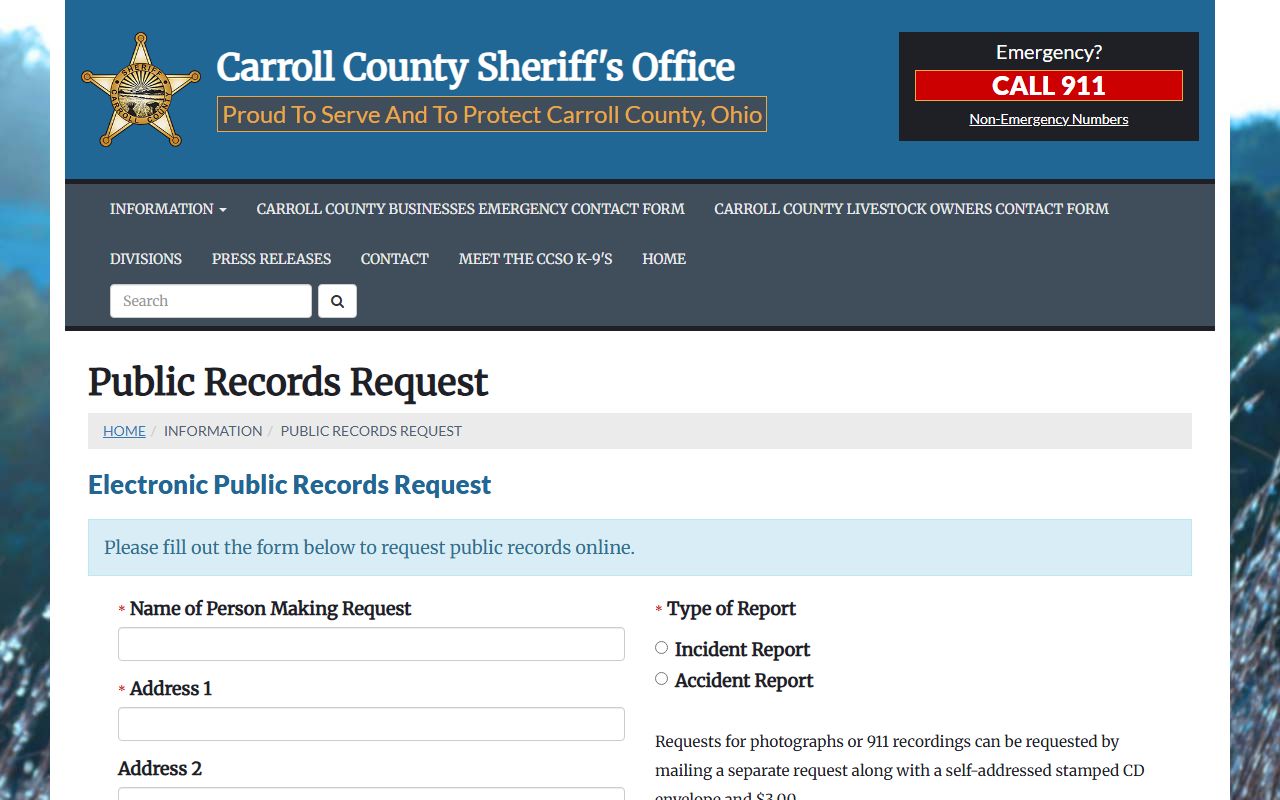 Carroll County public records request page for police records