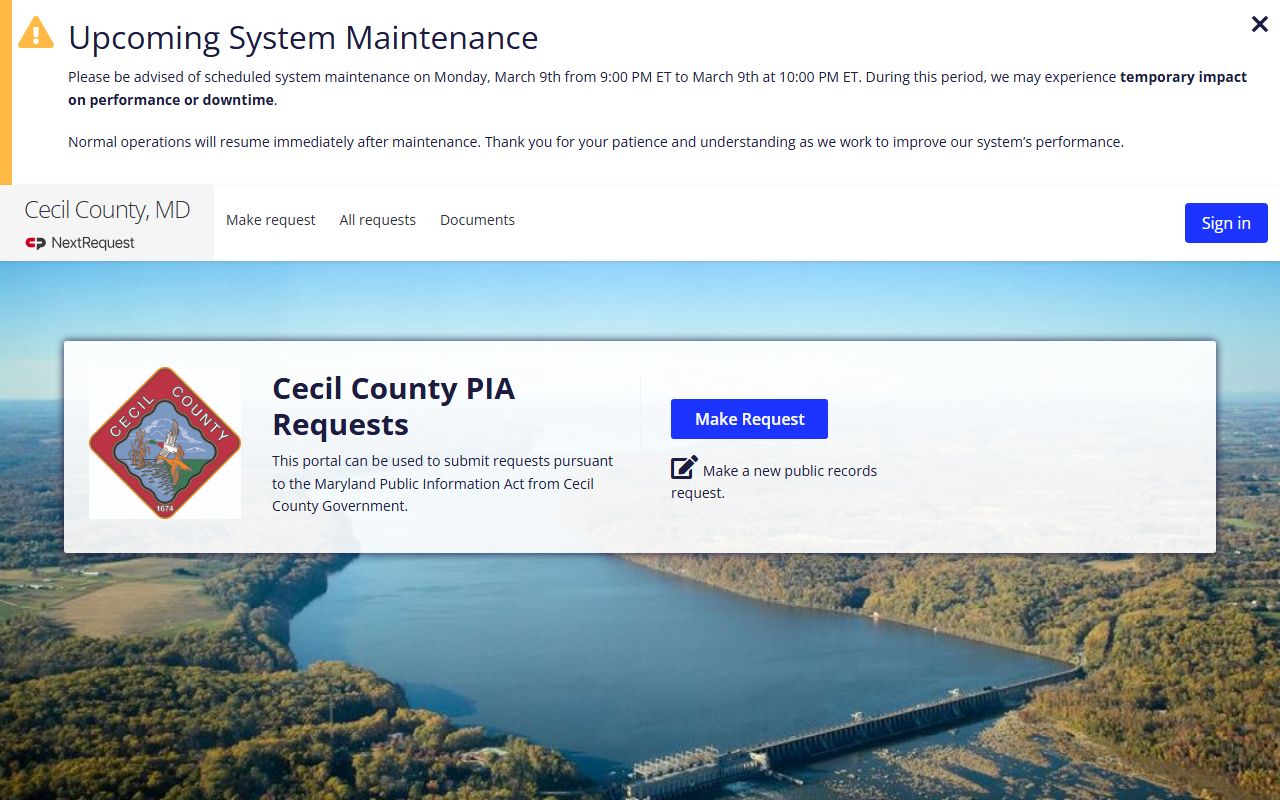 Cecil County NextRequest PIA portal for police records
