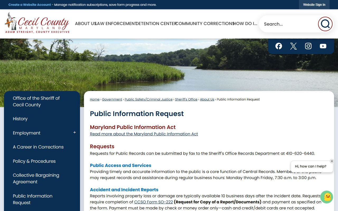 Cecil County public information request page for police records