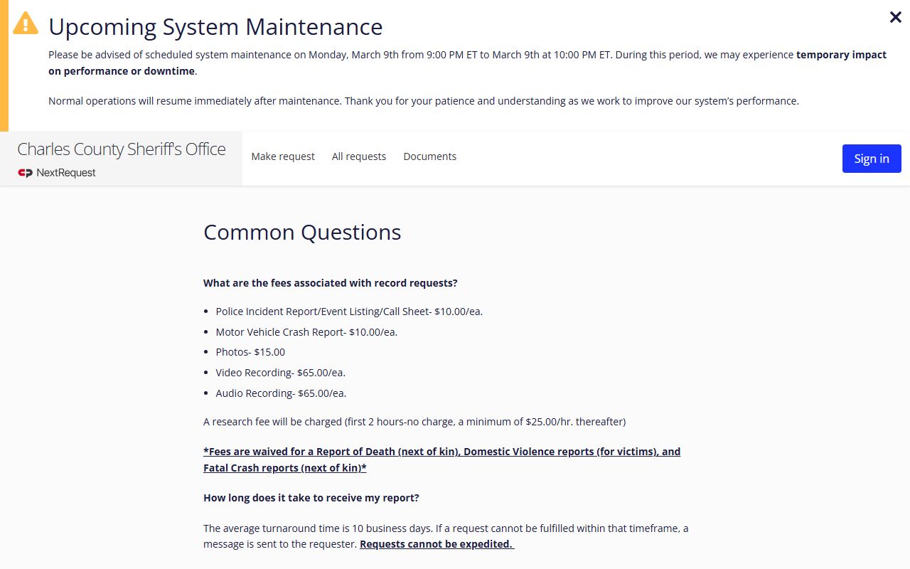 Charles County police records fees and FAQ page