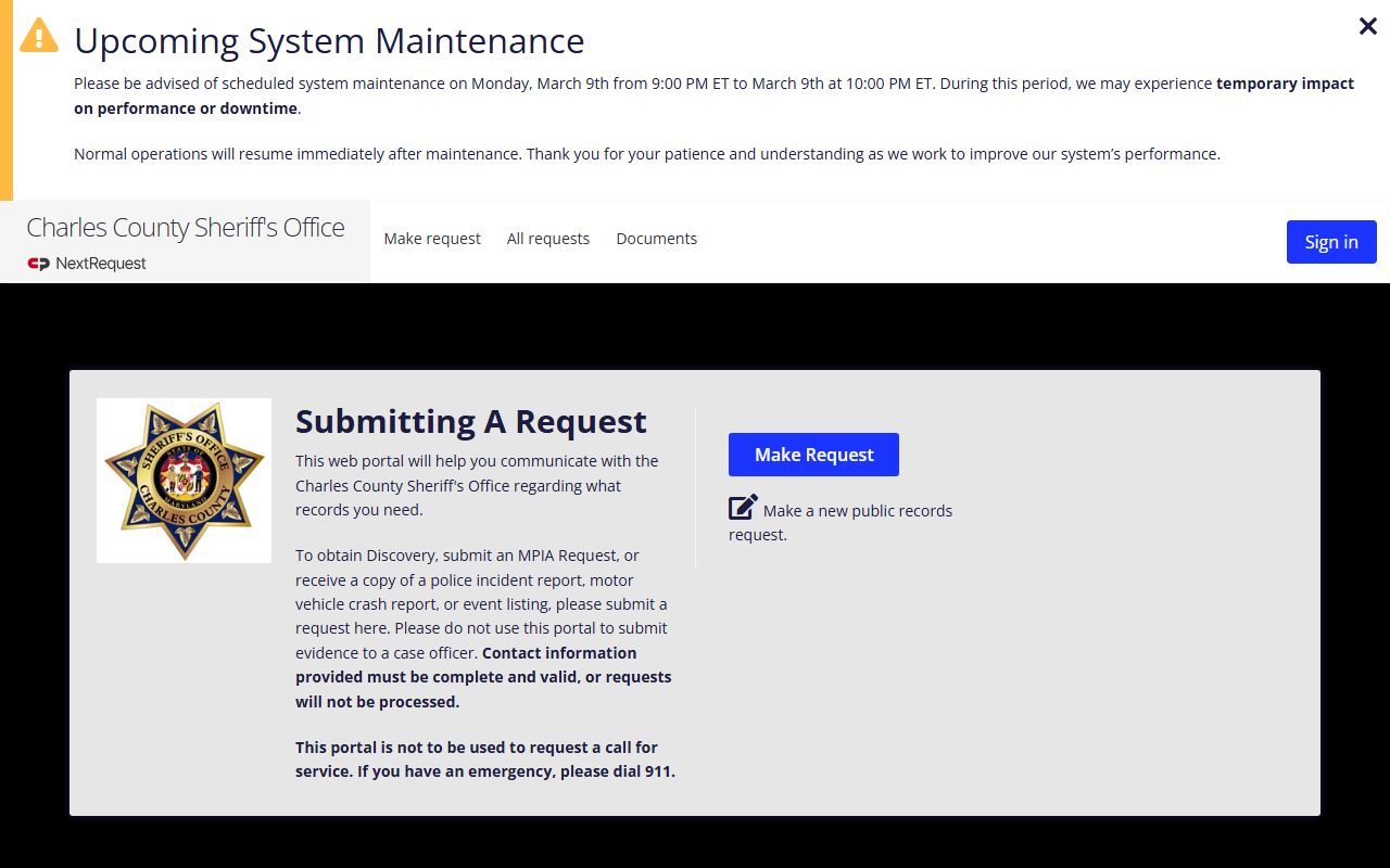 Charles County NextRequest portal for police records requests