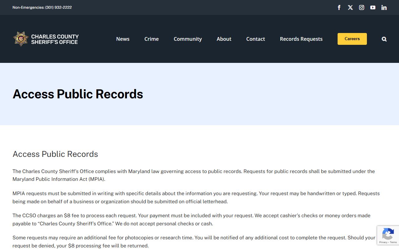 Charles County Sheriff's Office public records access page