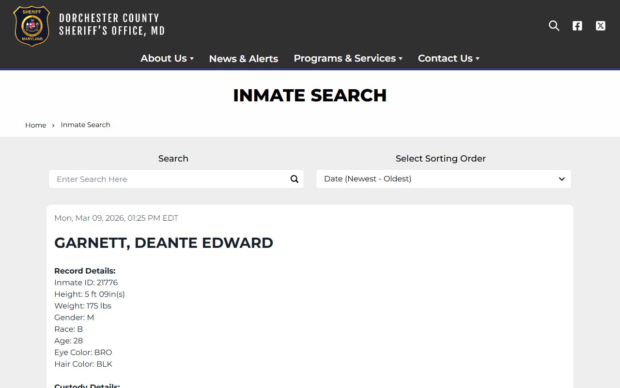 Dorchester County Sheriff inmate search tool for police records