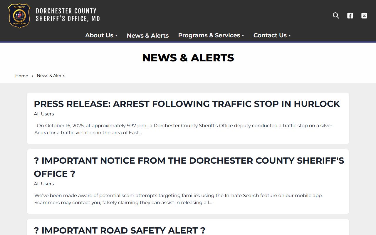 Dorchester County Sheriff news and alerts page for police records
