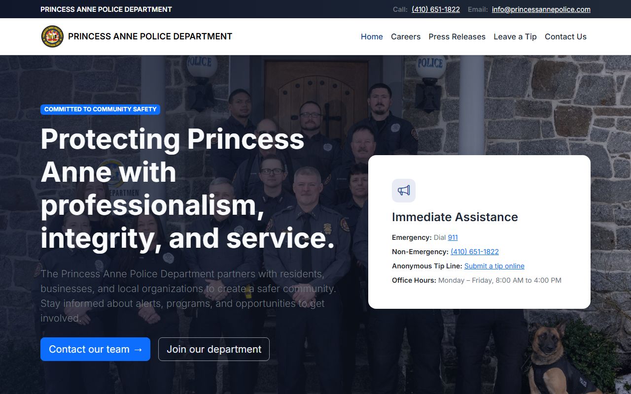 Princess Anne Police Department website for Somerset County police records