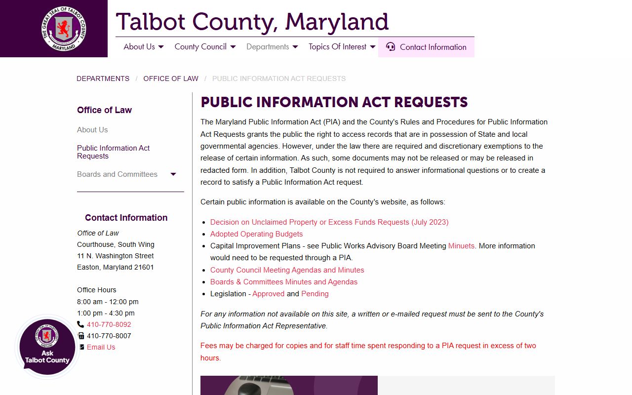 Talbot County PIA information page for police records requests