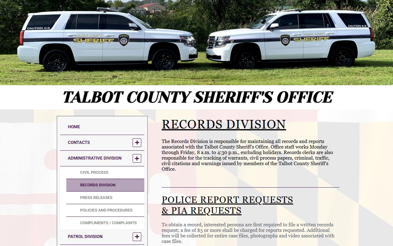 Talbot County Sheriff Records Division page for police records requests