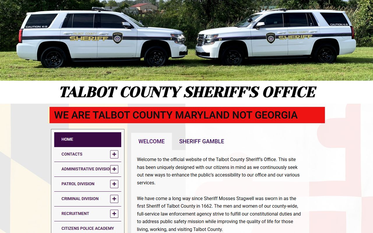 Talbot County Sheriff's Office website for police records