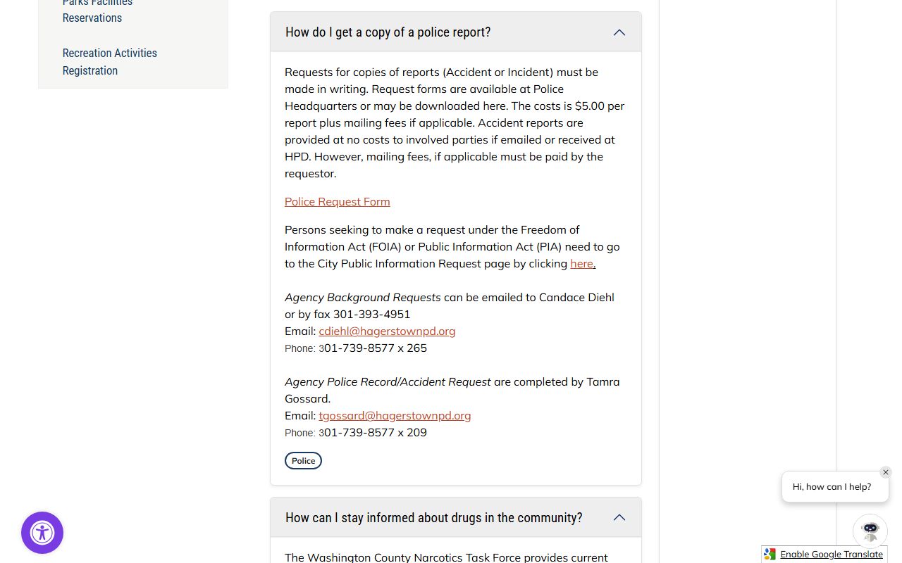 Hagerstown Police Department FAQ page for police records in Washington County