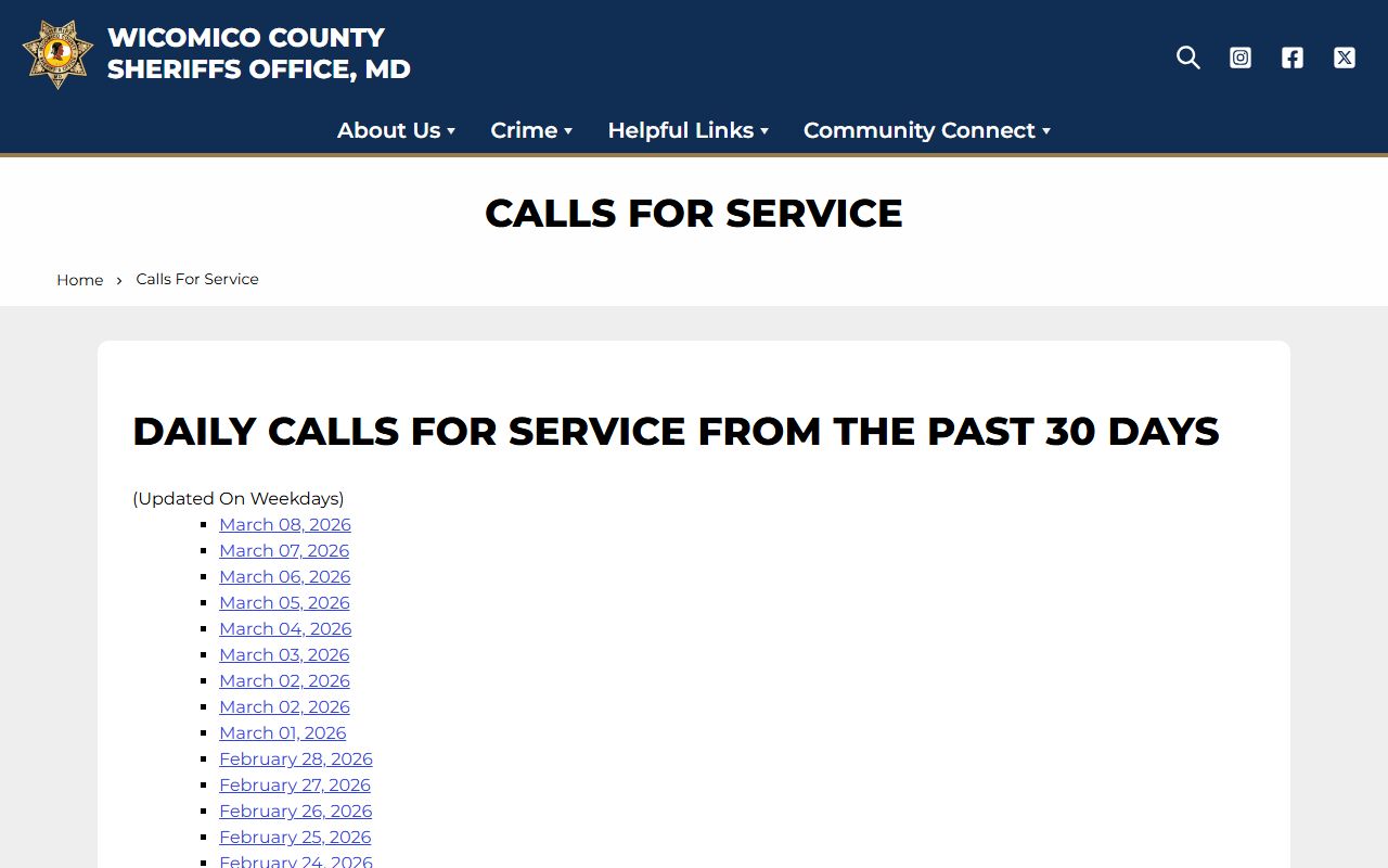 Wicomico County Sheriff calls for service page for police records data