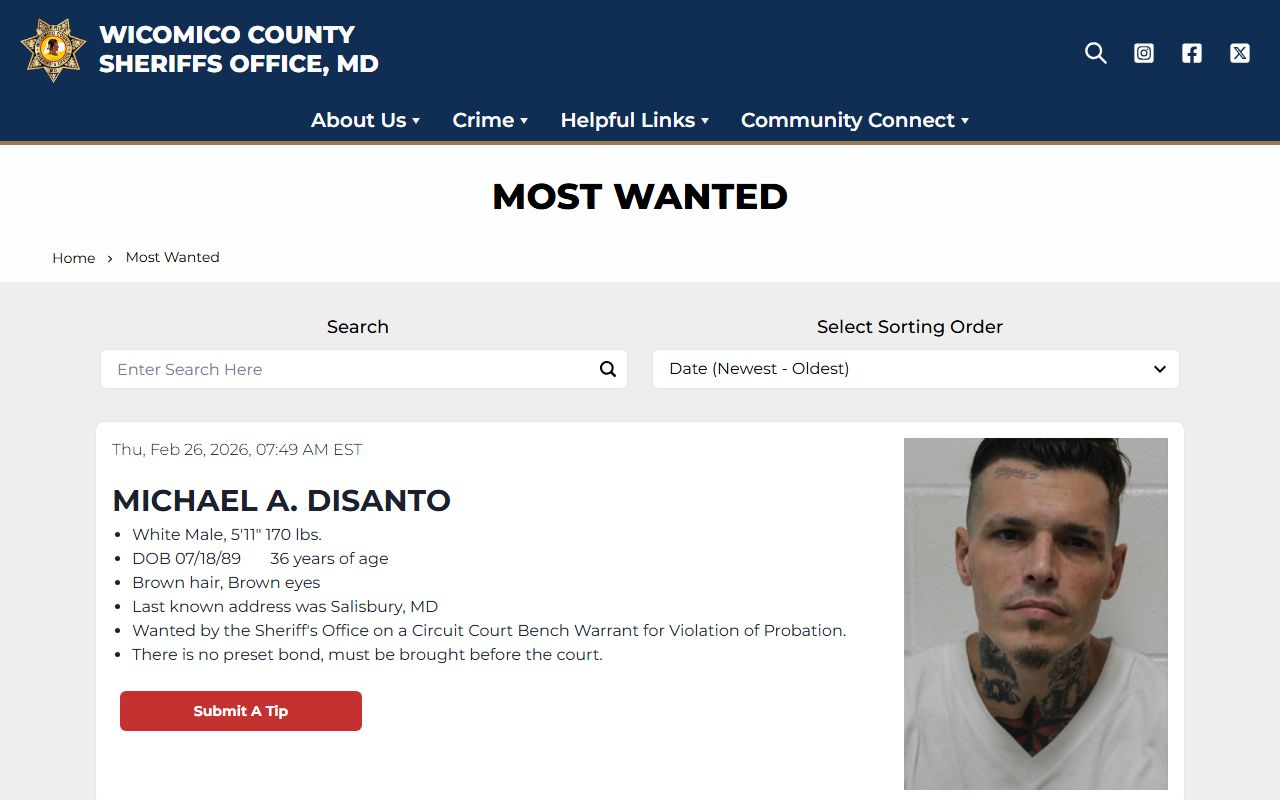 Wicomico County Sheriff most wanted page for police records