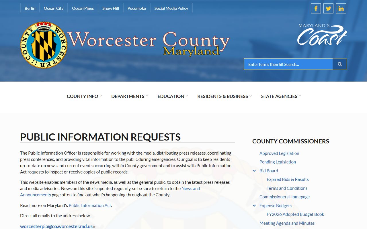 Worcester County government PIA request page for police records