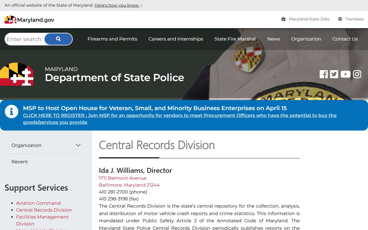 Maryland State Police Central Records Division for police records