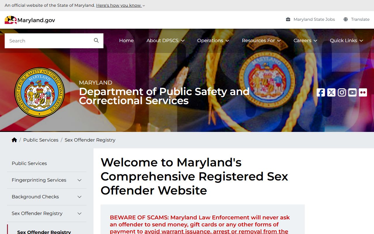 Maryland Sex Offender Registry search tool for police records